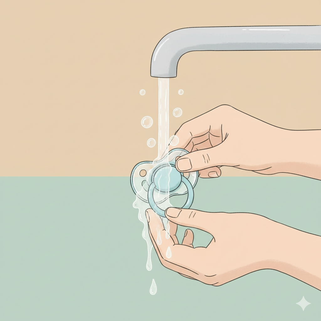 아기 쪽쪽이를 따뜻한 물로 세척하는 일러스트