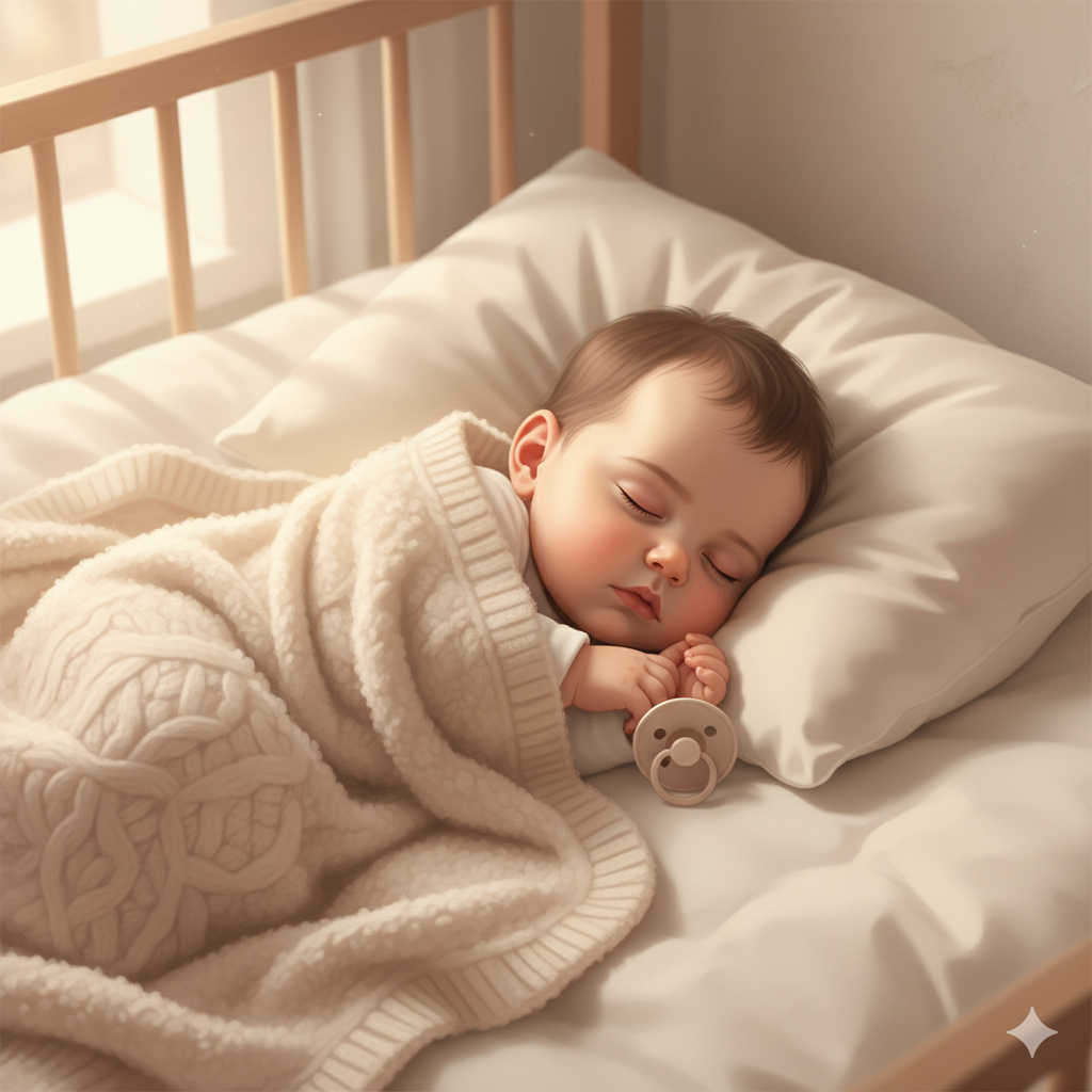 쪽쪽이를 옆에 두고 평화롭게 잠든 아기 일러스트