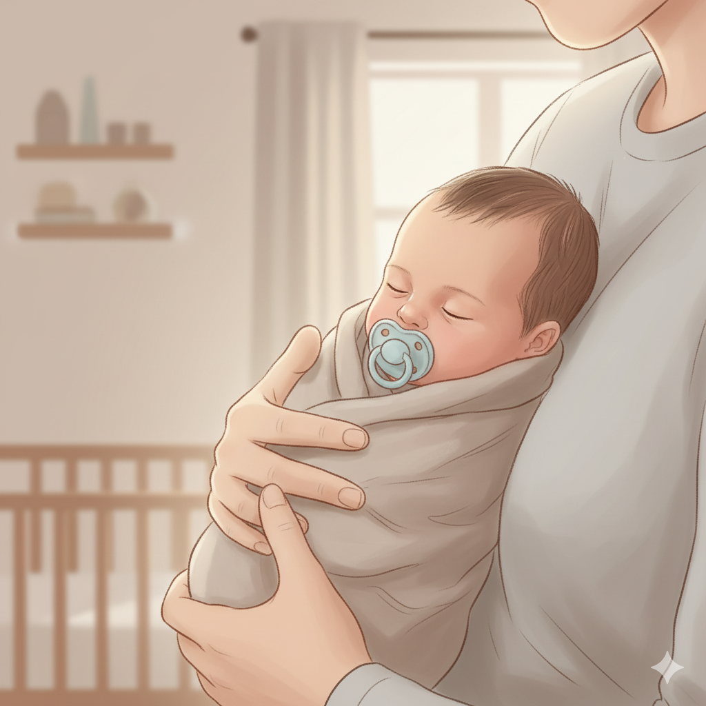 0~6개월 신생아가 부모 품에 안겨 쪽쪽이를 물고 있는 모습 일러스트