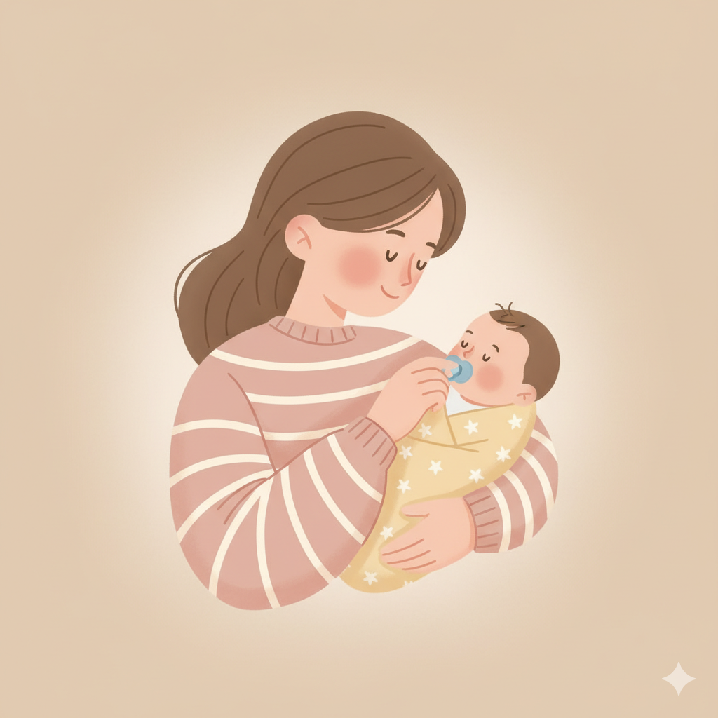 엄마가 아기에게 쪽쪽이를 건네는 따뜻한 장면 일러스트