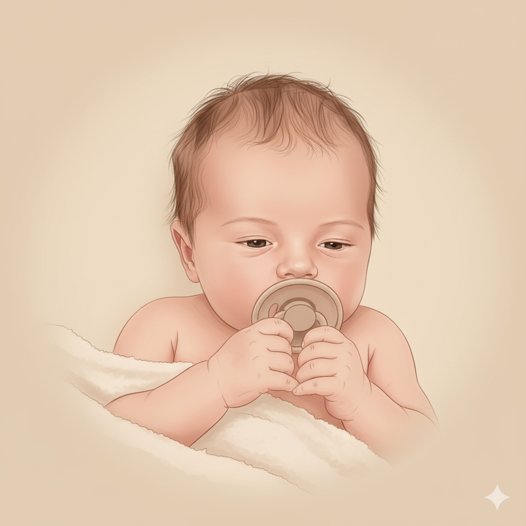 아기가 쪽쪽이를 손에 쥐고 있는 따뜻한 일러스트