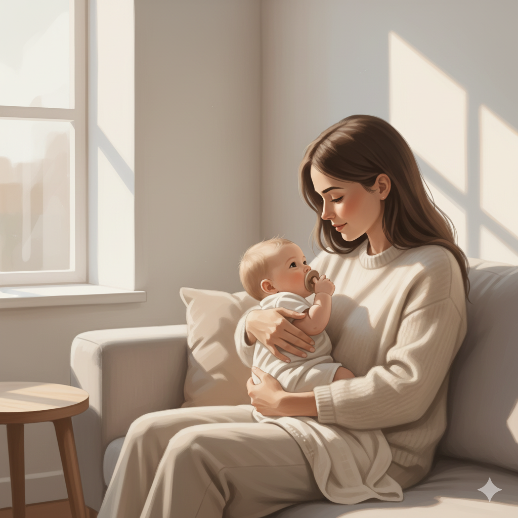 아기가 엄마 품에서 쪽쪽이를 내려놓는 일러스트