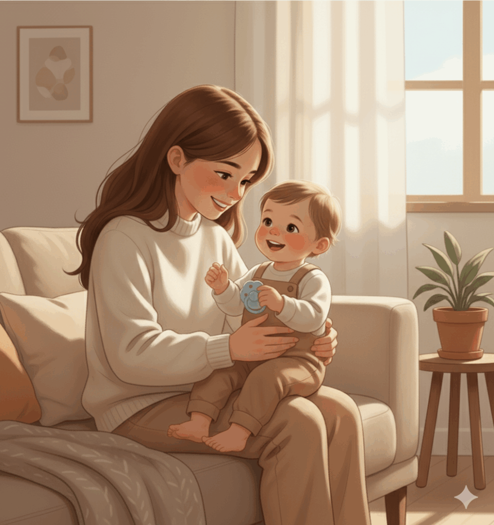 엄마와 아기가 웃으며 쪽쪽이를 손에 쥔 모습의 일러스트