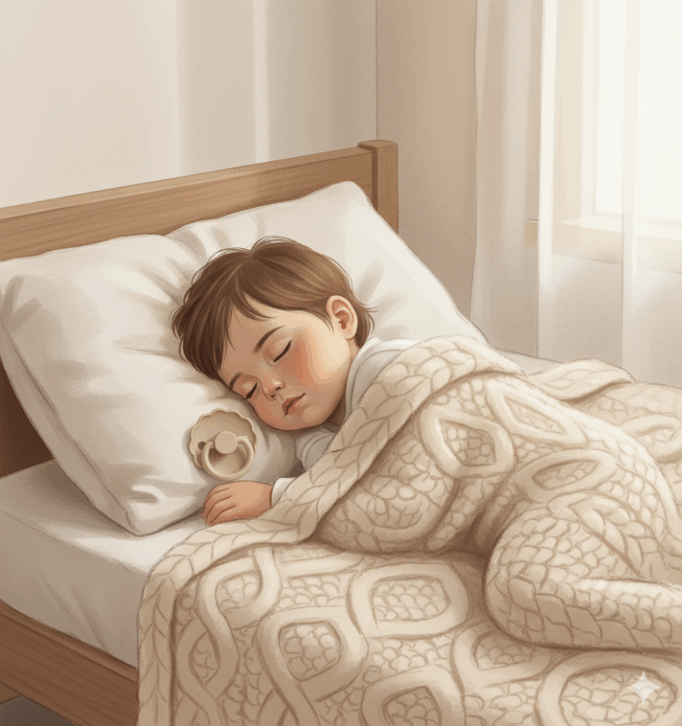 잠자리에서만 쪽쪽이를 사용하는 아기 일러스트